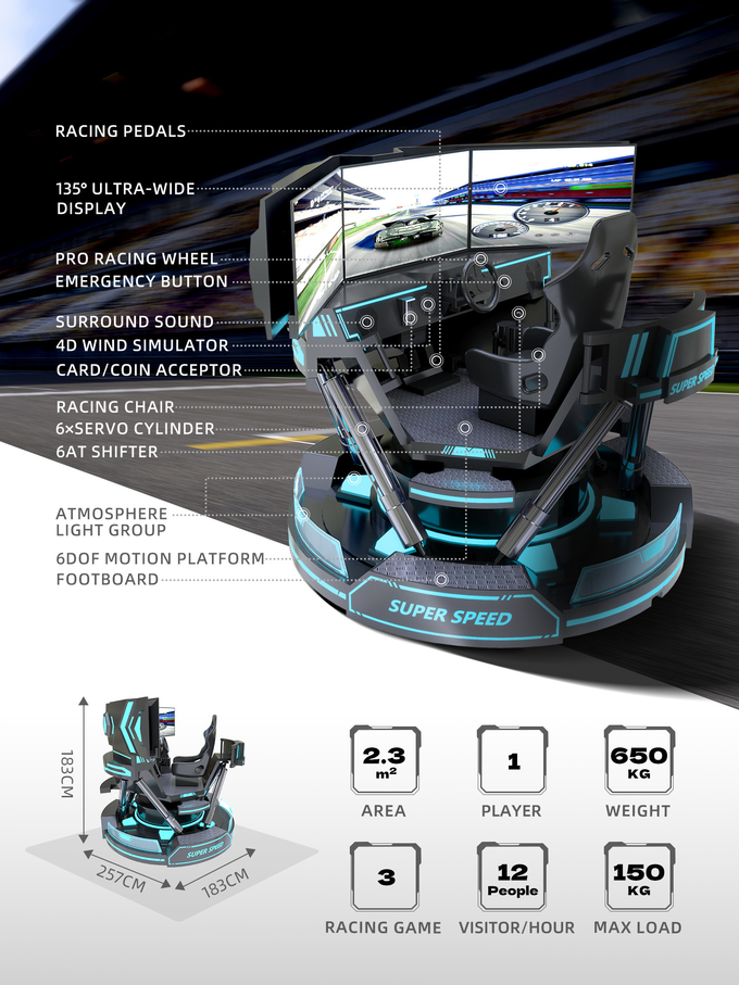 VR 3 οθόνης Αμαξοδρομίας Εικονικής Πραγματικότητας προσομοιωτής 6-Dof Μαύρο Αμαξοδρομικό Παιχνίδι 5d Οδήγηση αυτοκινήτου Arcade For Mall 1