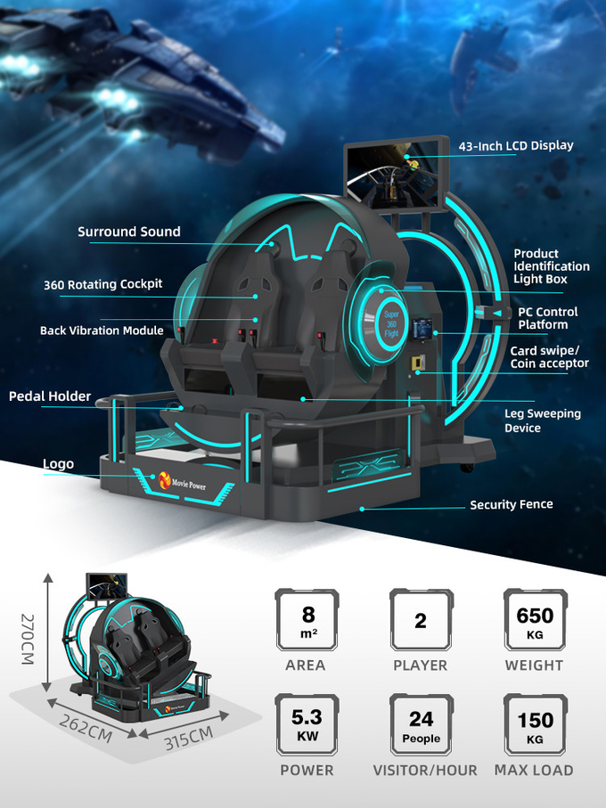 VR 360 2 θέσεις 9d τροχόσπιτο VR μηχανές 360 περιστροφή VR κινηματογράφο 360 μοίρες ιπτάμενες καρέκλες προσομοιωτής 1